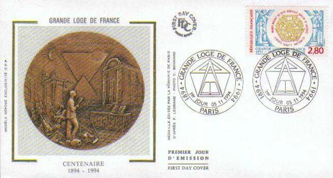 Timbre centenaire de la grande Loge de France 1994 Premier jour